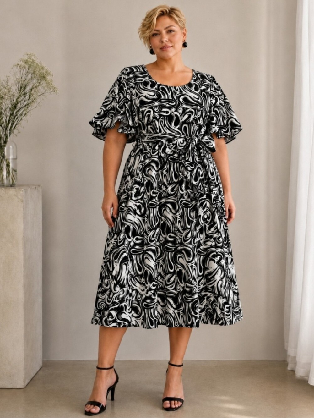 Bogner | Black & White Geometric Print Dress | Tulip Sleeves | Quiet Luxury Plus